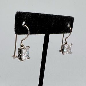 Simple artisan 925 silver shepherds hook rectangular clear rhinestone earrings